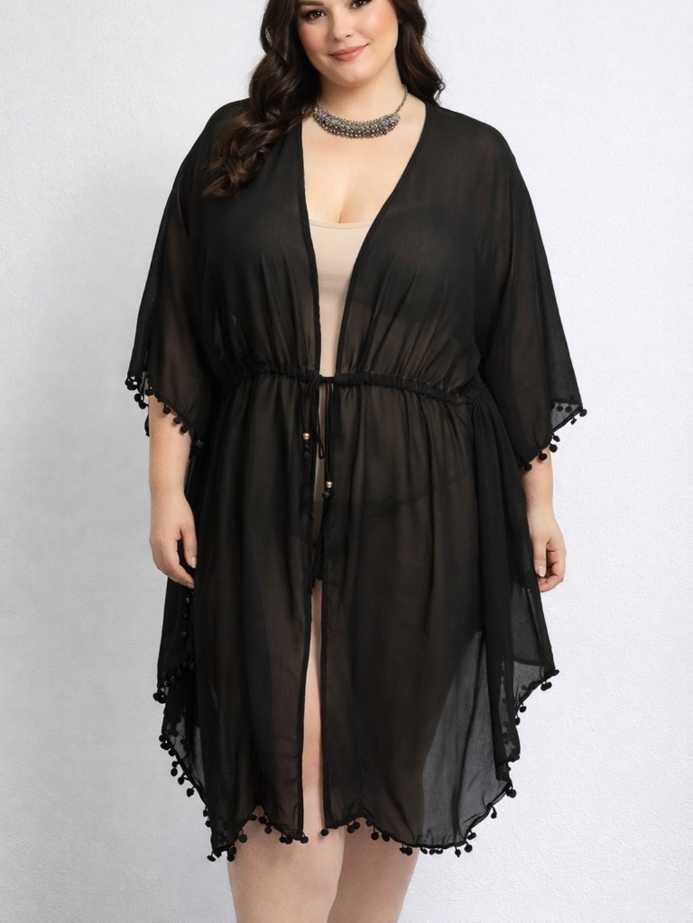GEORGE Black Swim Coverup Tassels Pom Poms 1X